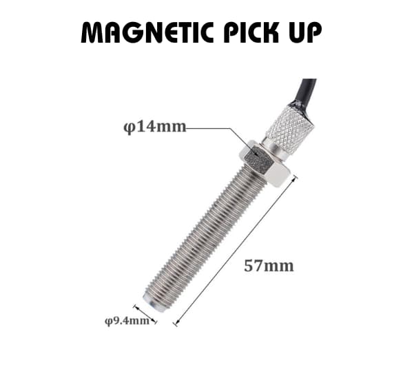 Magnetic pick-up sensor with dimensions labeled: 57mm length, 14mm diameter at the top, and 9.4mm diameter at the bottom